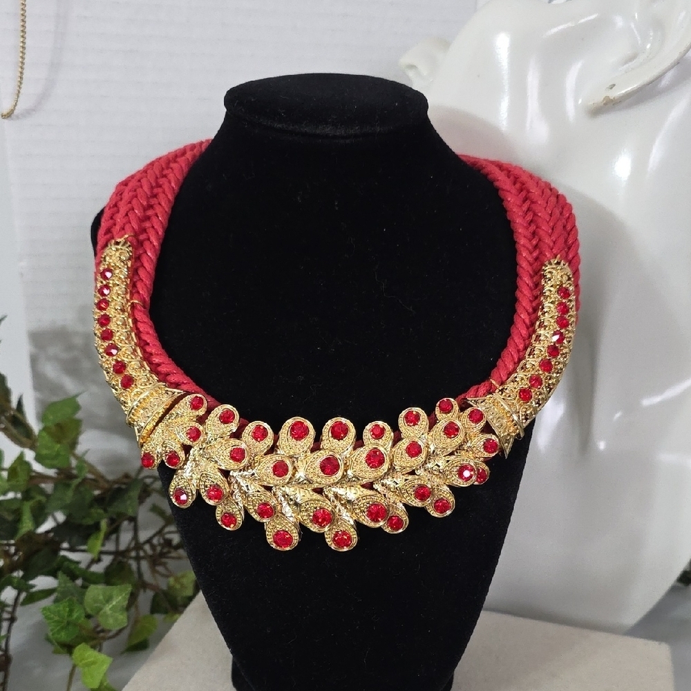 Ethnic Red Braided Choker Necklace with Gold and Red Rhinestone Detail
